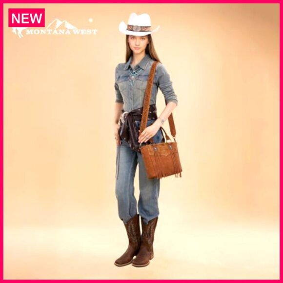 Western Crossbody Bag with Tassel Top Handle, Vegan Leather, Adjustable Strap - Picture 3 of 8